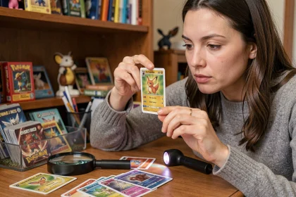 Femme examinant attentivement une carte Pokémon Aventure Ensemble à la loupe pour détecter une contrefaçon