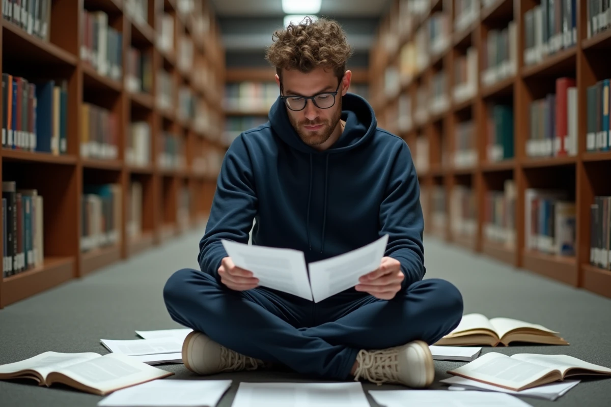 Étudiant comparant des documents imprimés pour détecter des contenus générés par intelligence artificielle dans une bibliothèque universitaire