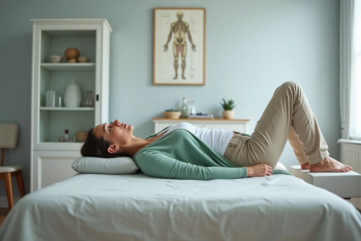 Femme en position de relaxation du diaphragme sur une table de kinésithérapie dans un cabinet médical