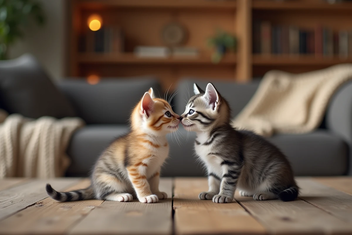 Deux chatons côte à côte, un mâle gris et une femelle calico, comparaison pour identifier le sexe d'un chaton