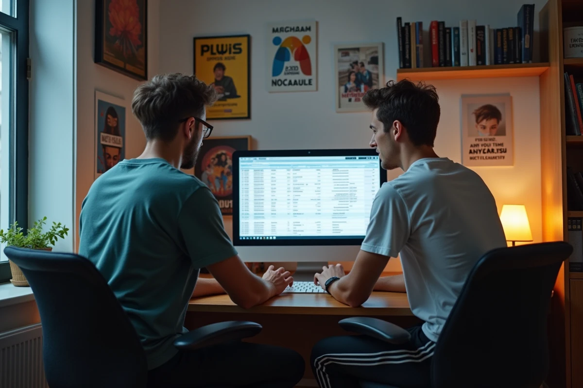 Deux colocataires masculins examinant un tableau de partage des charges sur un écran d'ordinateur