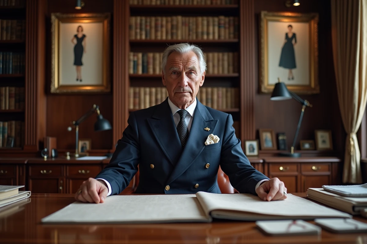 Directeur influent d'une maison de couture de luxe dans une salle de réunion élégante avec archives de mode