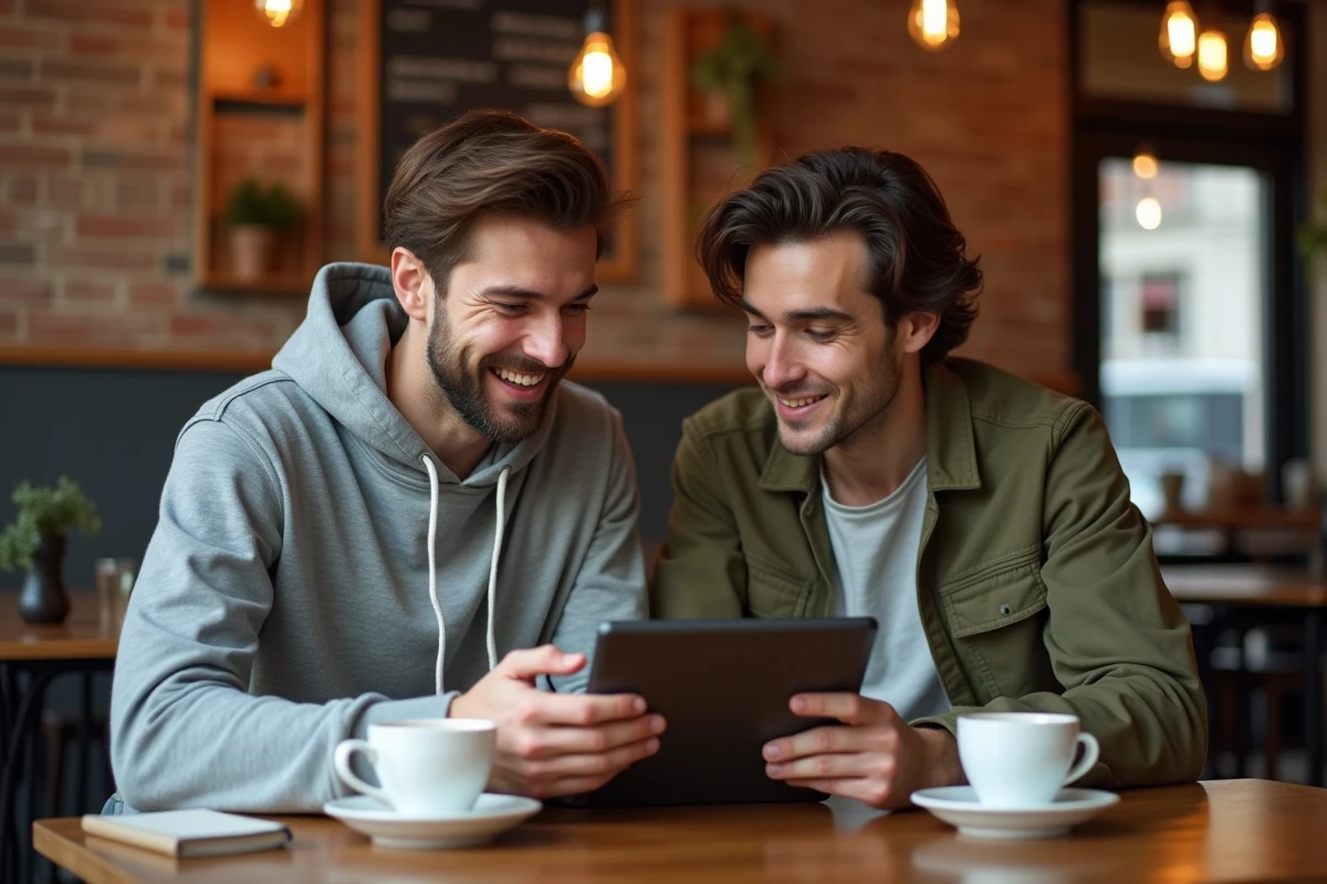 Deux professionnels discutant de la distinction entre numérique et digital autour d'une tablette dans un café