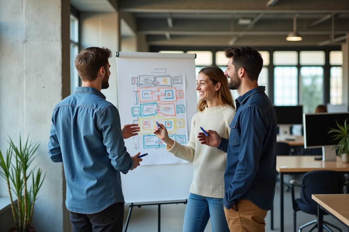 Collègues discutant de choix de carrière devant un tableau blanc dans un espace de coworking