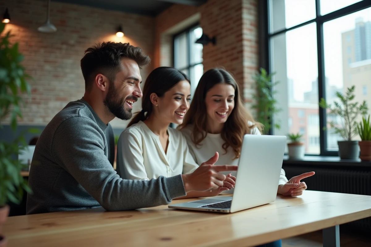 Groupe de collègues discutant d'une personnalité publique sur un ordinateur portable dans un espace de coworking moderne