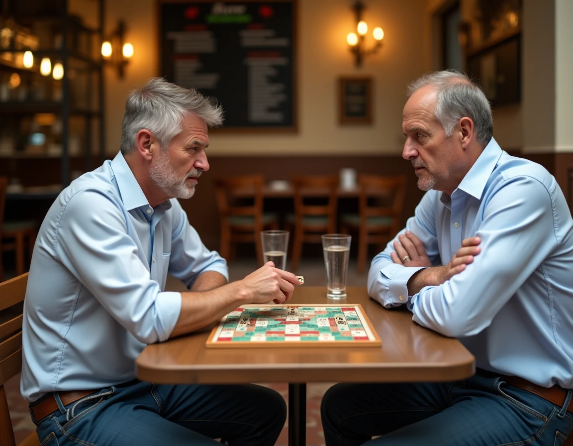 Deux joueurs de Scrabble en désaccord sur la validité d'un mot dans un café