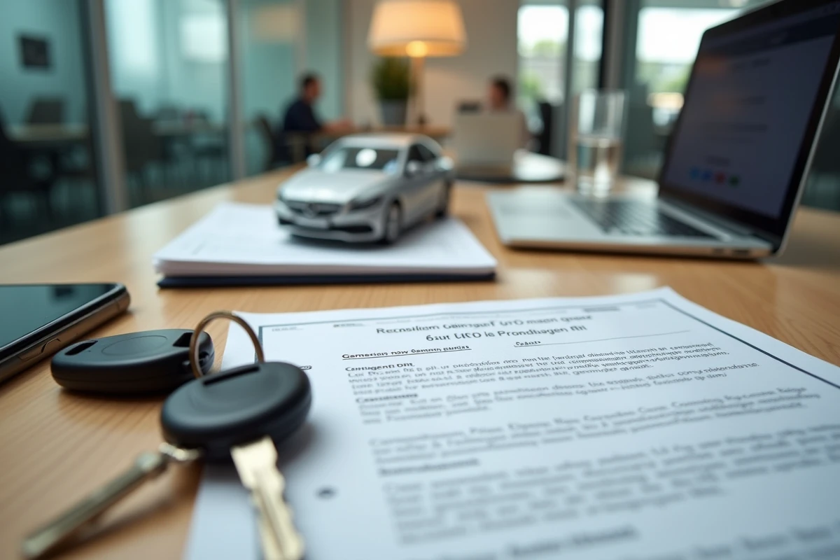 Documents d'achat d'une voiture allemande, clés et contrat bilingue posés sur un bureau en bois dans un bureau de concession