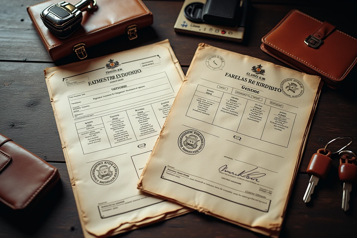 Documents administratifs de classification en voiture de collection posés sur un bureau en bois avec clés de voiture ancienne et certificat patrimonial, paperasse officielle française