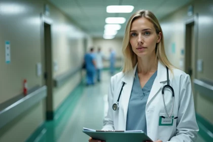 Médecin femme en blouse blanche tenant un dossier médical dans un couloir d'hôpital, inspirée du personnage du Dr Allison Cameron de la série Dr House