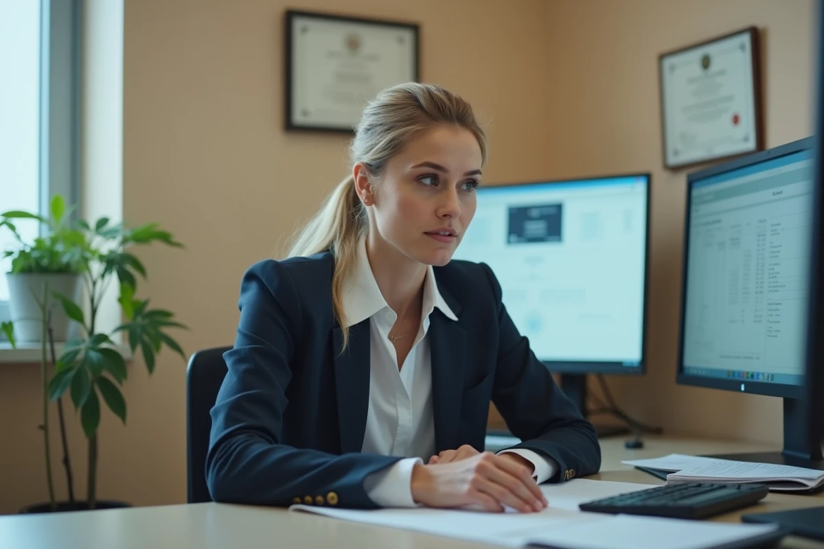 Femme médecin en blazer marine assise à un bureau de consultation médicale, évoquant le personnage de Cameron dans Dr House