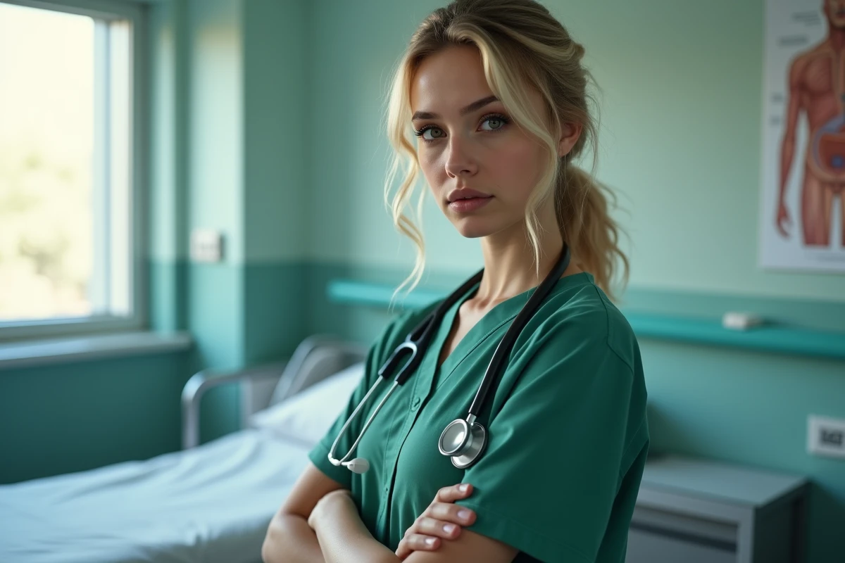 Femme médecin en blouse verte avec stéthoscope dans une salle d'examen hospitalière, portrait inspiré du personnage de Cameron dans la série Dr House