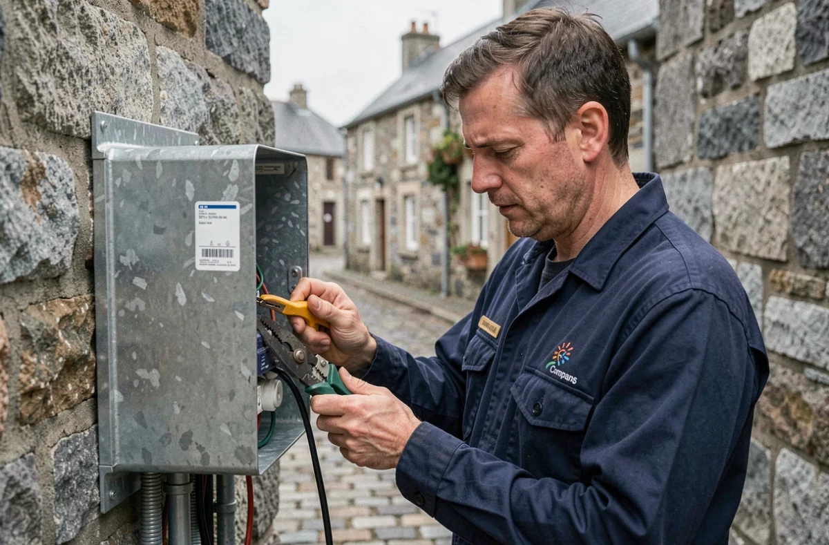 Électricien EAT Quintin intervenant sur un compteur électrique extérieur dans une rue pavée de Quintin