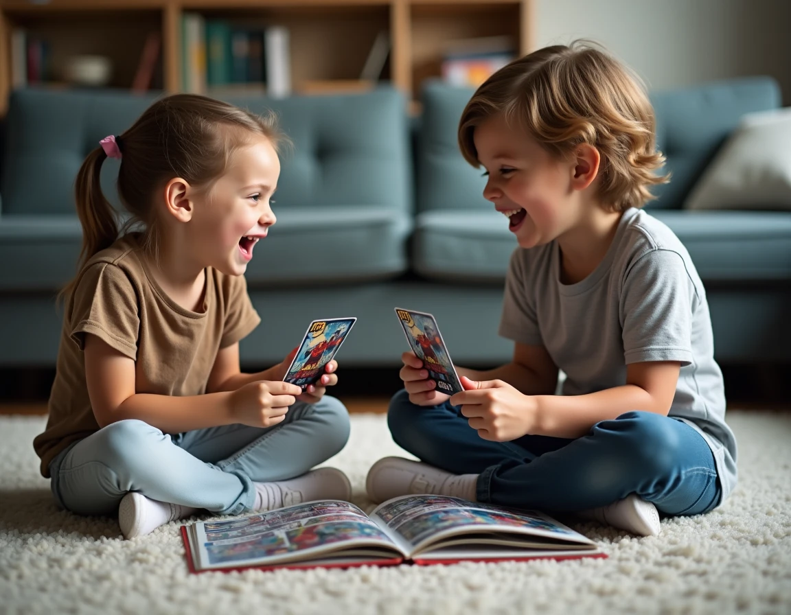 Deux enfants échangeant des cartes Marvel en double de l'album Leclerc 2026 dans un salon