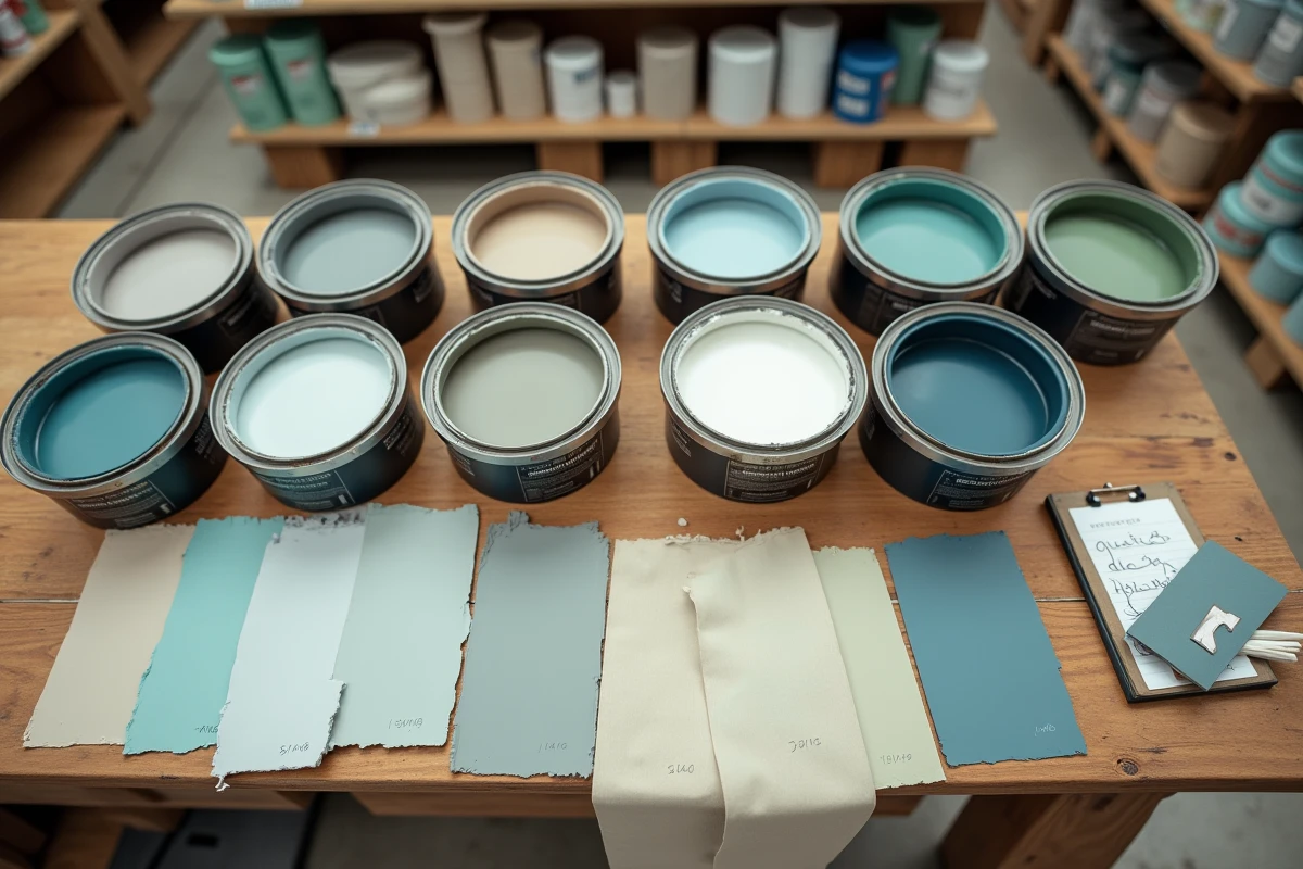 Assortiment d'échantillons de peinture et de teintes ouvertes sur un établi en bois, avec des cartes de couleurs et des bâtons mélangeurs dans un rayon de bricolage