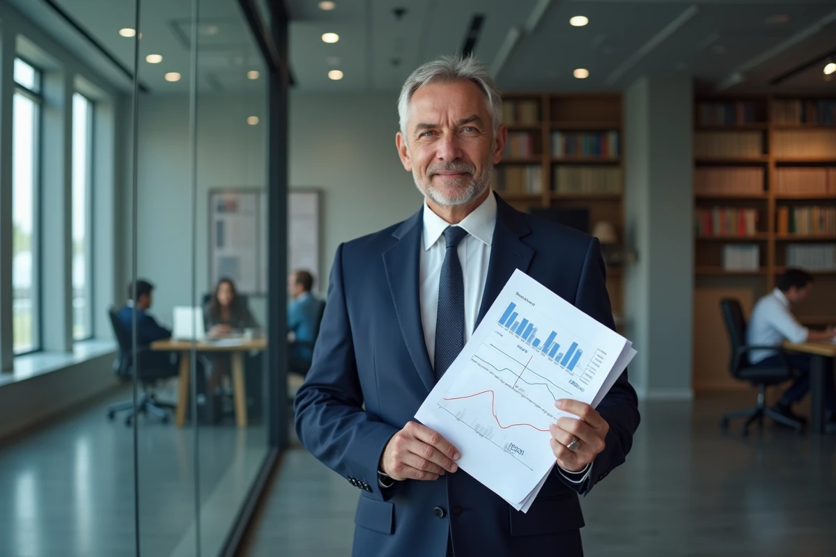 Économiste tenant des graphiques de stabilité des prix dans un bureau financier moderne, symbolisant un pays sans inflation