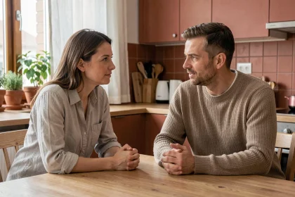 Couple en train de communiquer attentivement autour d'une table en bois dans une cuisine moderne, illustrant l'écoute active dans la relation de couple