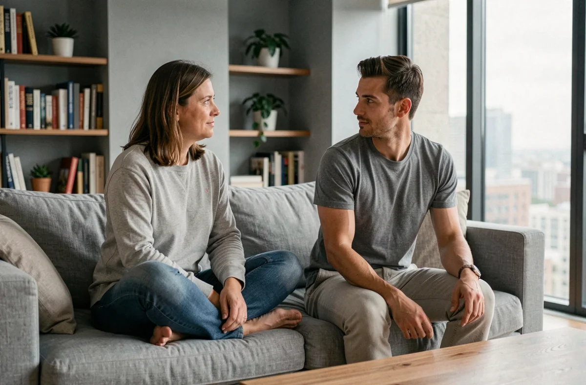 Femme écoutant attentivement son partenaire sur un canapé dans un salon contemporain, symbolisant l'empathie et la communication dans le couple