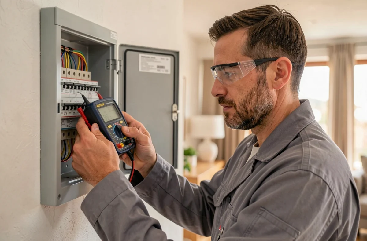 Électricien polyvalent ED2K Électricité intervenant sur un tableau électrique dans une maison des Côtes-d'Armor