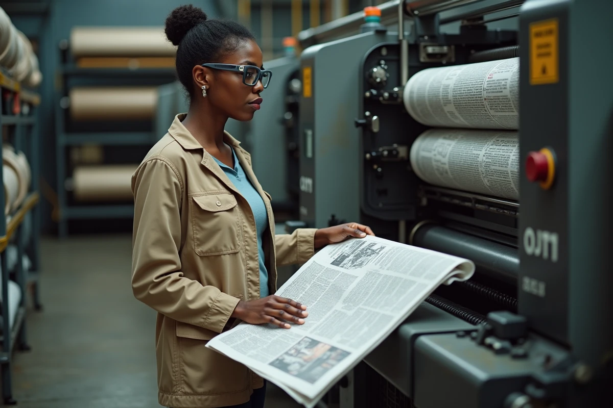 Éditrice congolaise inspectant un journal fraîchement imprimé dans une imprimerie industrielle, symbole de la liberté de la presse en RDC