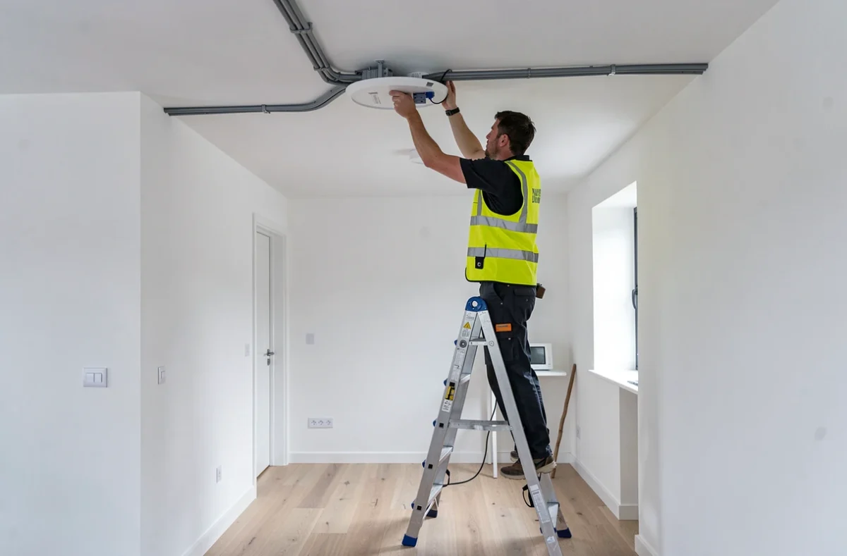 Électricien Elec Ouest installant des équipements LED lors d'une rénovation énergétique dans une maison bretonne