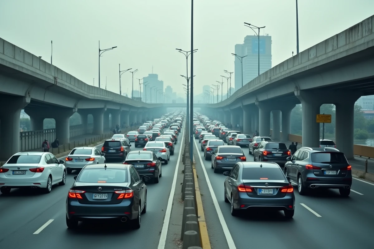 Embouteillage dense sur une avenue urbaine avec émissions de gaz d'échappement visibles dans l'air pollué