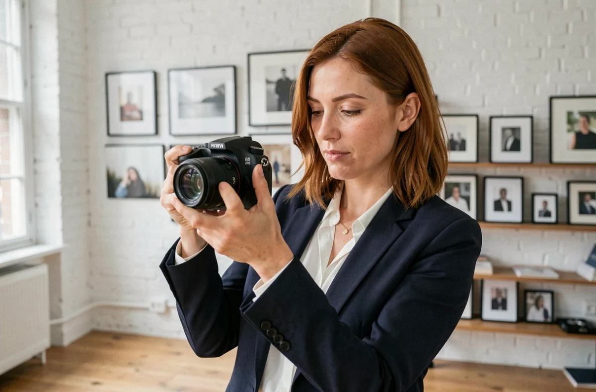 Photographe Emma Cadith dans son studio à Angers, tenant un appareil photo mirrorless et révisant ses clichés avec concentration