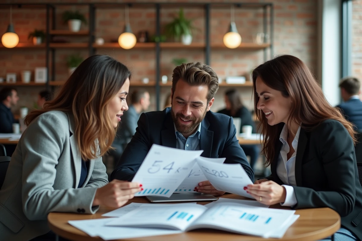 Groupe de professionnels en réunion dans un espace de coworking discutant des perspectives d'emploi et salaires en 2026