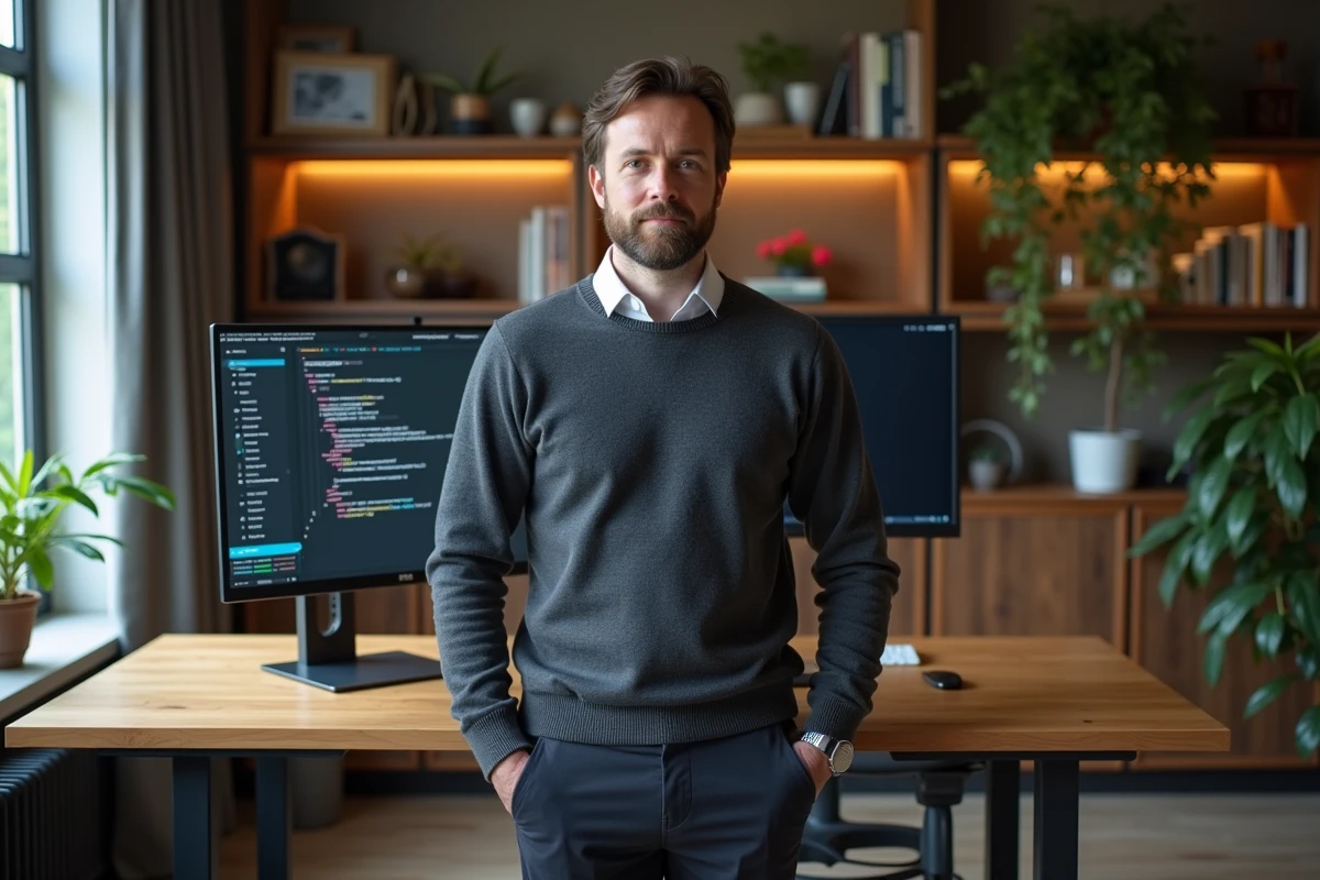 Homme professionnel en télétravail dans un bureau high-tech à domicile illustrant les métiers les mieux rémunérés