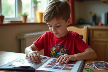 Enfant collant des stickers Marvel dans un album Leclerc 2026 à la maison