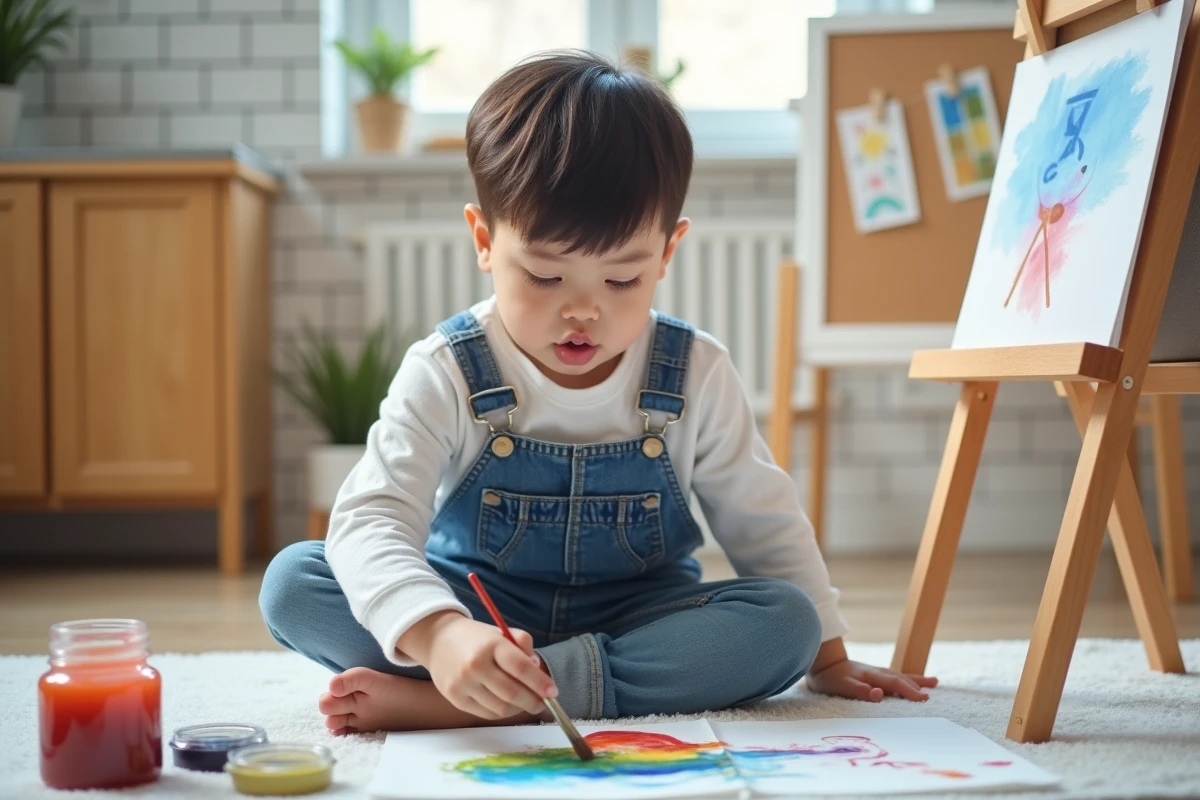 Jeune garçon qui peint à l'aquarelle dans un espace créatif à la maison, illustrant le développement de la motricité fine et de l'expression artistique chez l'enfant