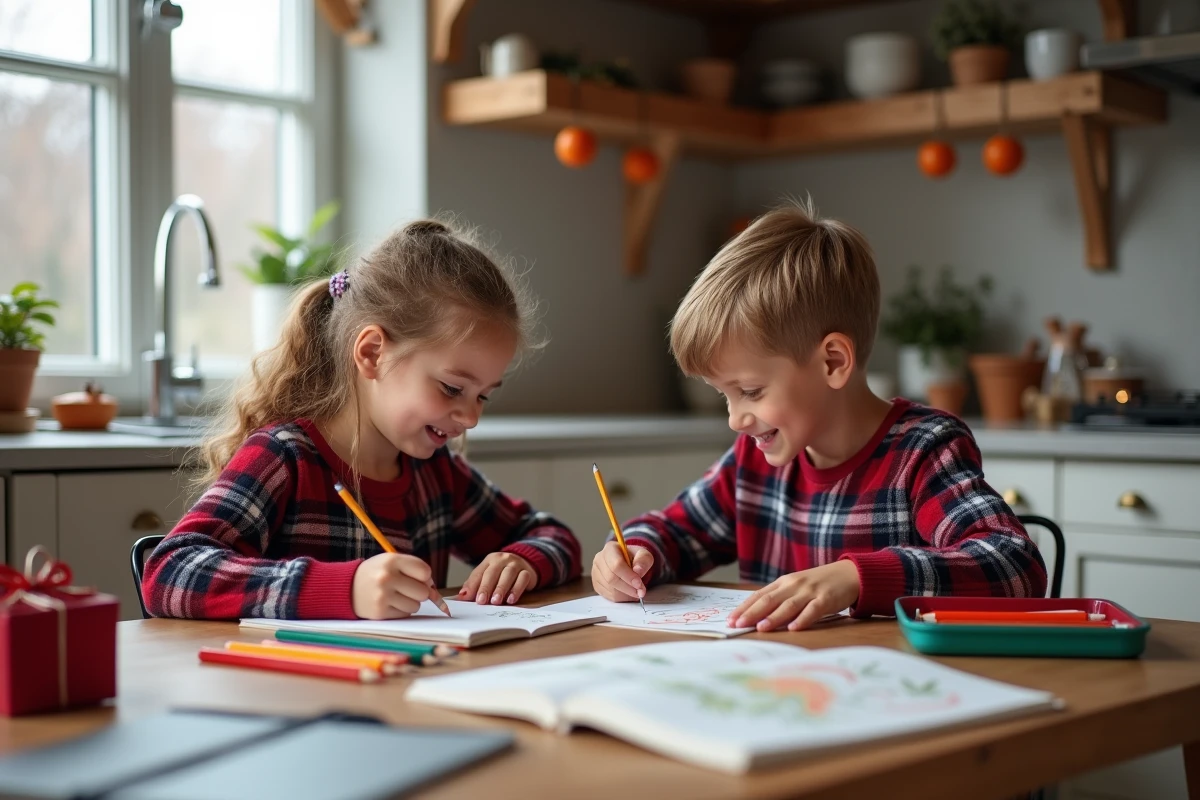 Deux enfants dessinant ensemble dans leurs nouveaux carnets avec des crayons de couleur reçus en cadeau à Noël
