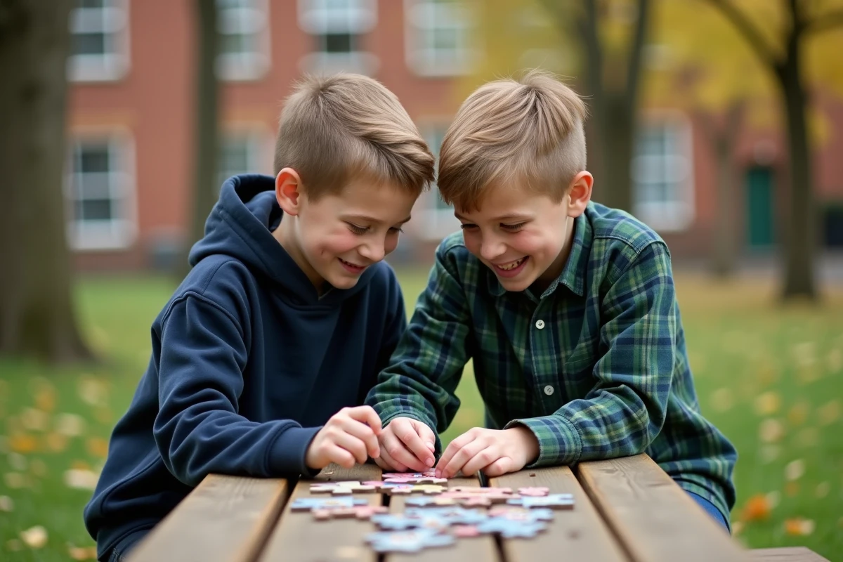 Deux garçons qui collaborent sur un puzzle en plein air dans une cour d'école en automne, illustrant le développement social et cognitif par le jeu coopératif