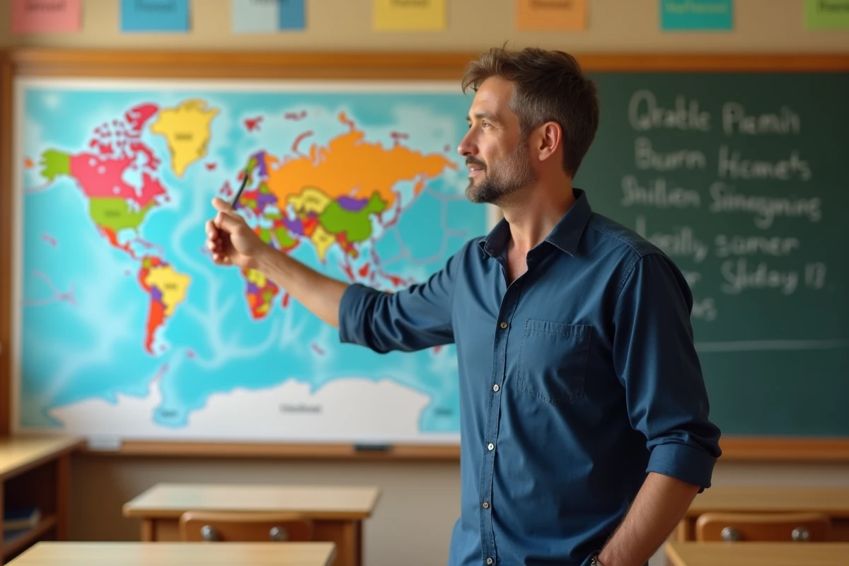Enseignant pointant une grande carte du monde vierge accrochée au tableau dans une salle de classe pour un cours de géographie