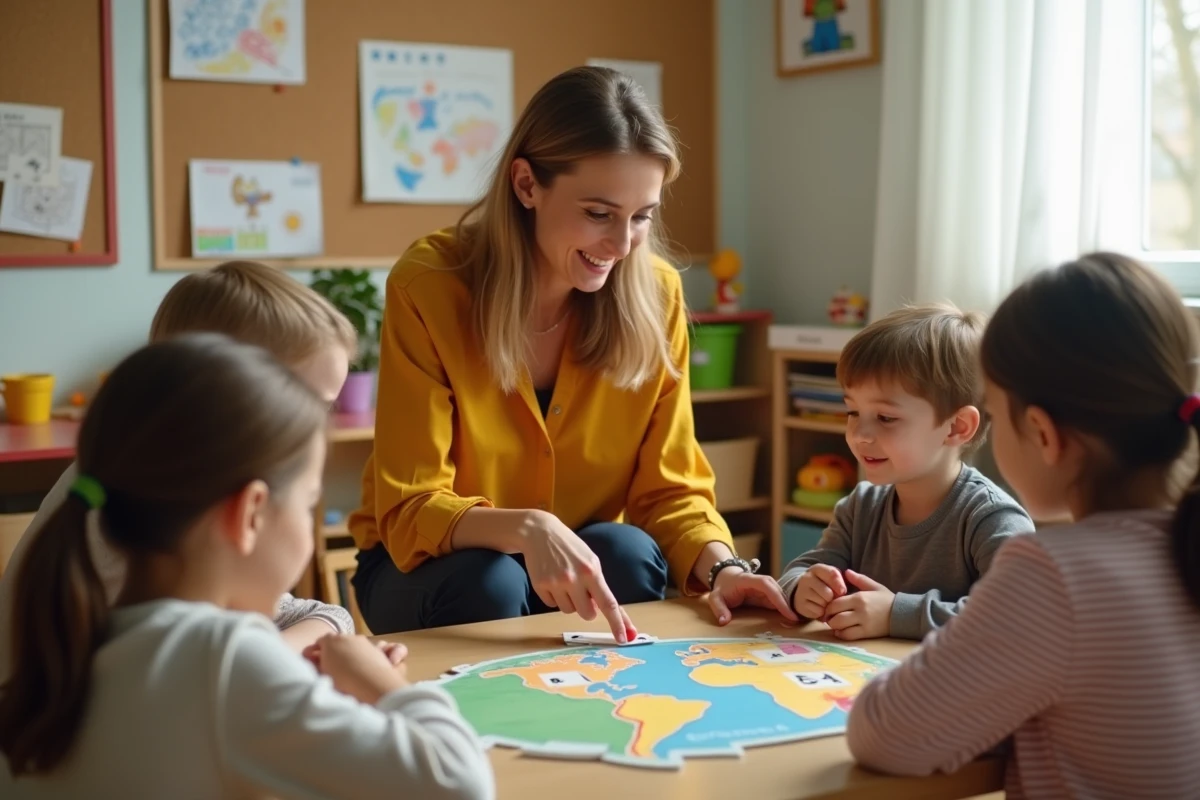Enseignante guidant des élèves dans un jeu éducatif interactif en salle d'activités