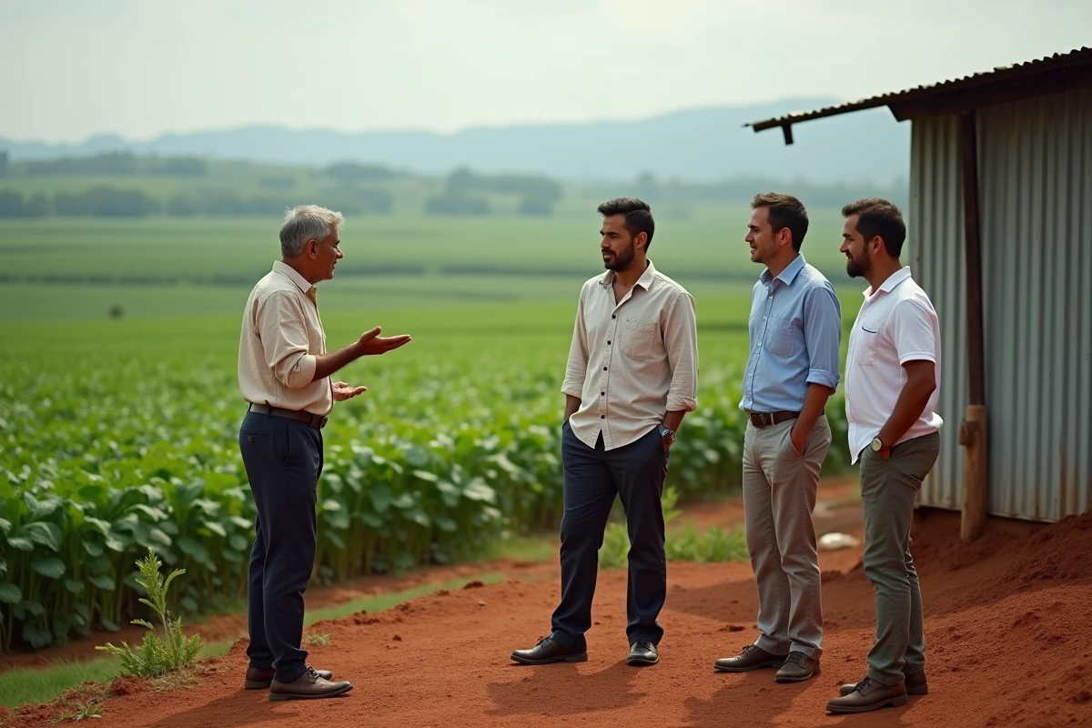 Agriculteurs et entrepreneur brésilien discutant dans une exploitation agricole de l'État de São Paulo, illustrant l'essor économique du Brésil