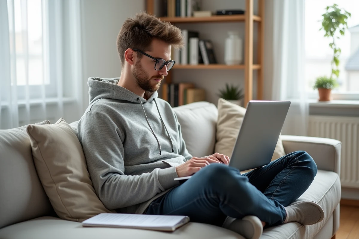 Jeune entrepreneur en télétravail comparant les différents types de sociétés sur un portail officiel