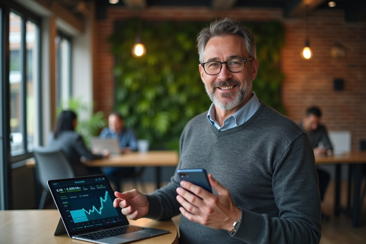 Entrepreneur fintech présentant une interface de paiement mobile et des graphiques blockchain dans un espace de coworking