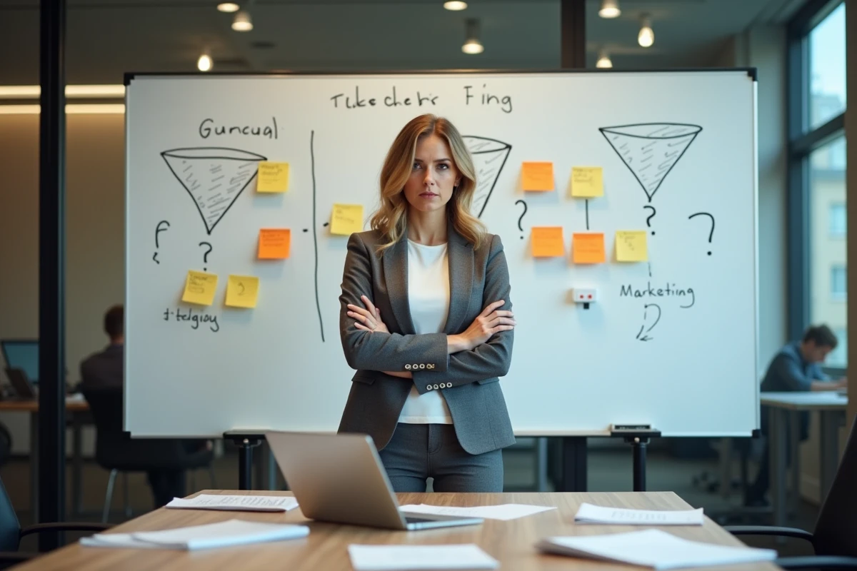Entrepreneuse en marketing numérique devant un tableau blanc rempli de stratégies et de diagrammes remis en question dans une salle de réunion startup
