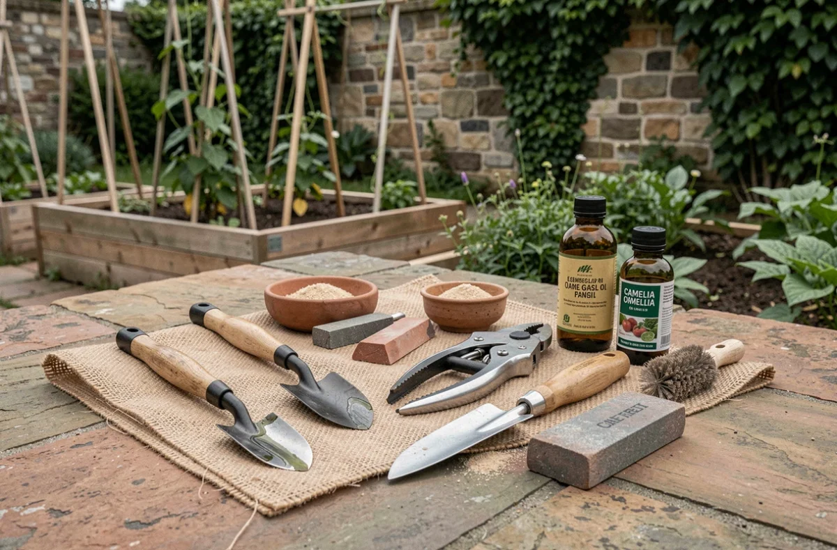 Ensemble d'outils de jardinage propres et huilés disposés sur un sac en jute avec accessoires d'entretien sur une terrasse en pierre