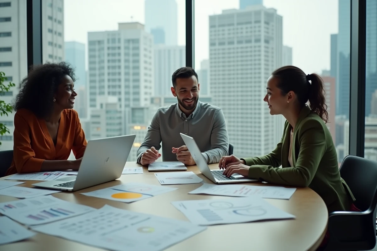Équipe diversifiée de professionnels fintech en réunion stratégique autour de rapports de données et d'ordinateurs portables