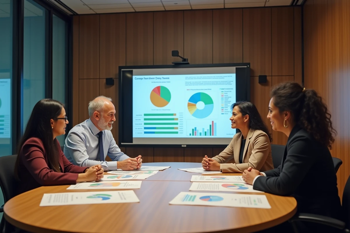 Équipe de professionnels de la finance collaborant autour d'un tableau de bord de fonds d'investissement en salle de conférence