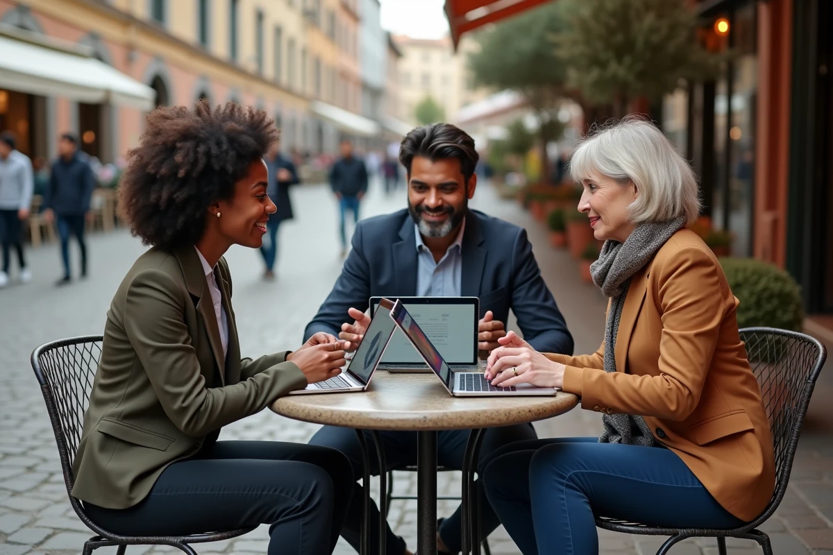 Équipe marketing multiculturelle débattant de l'avenir du marketing numérique autour d'une table de café en terrasse urbaine