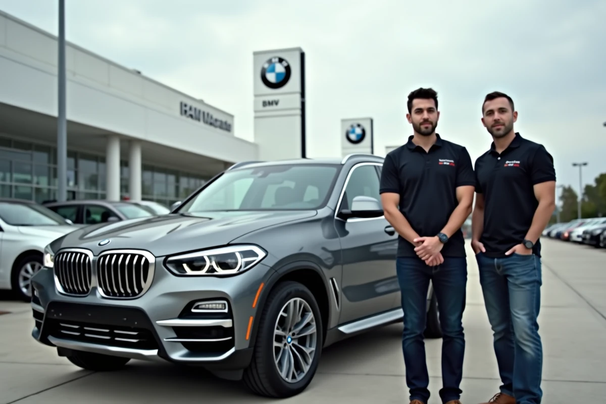 Équipe de vendeurs BMW en polo de marque posant devant un BMW X5 gris dans le parking extérieur d'une concession