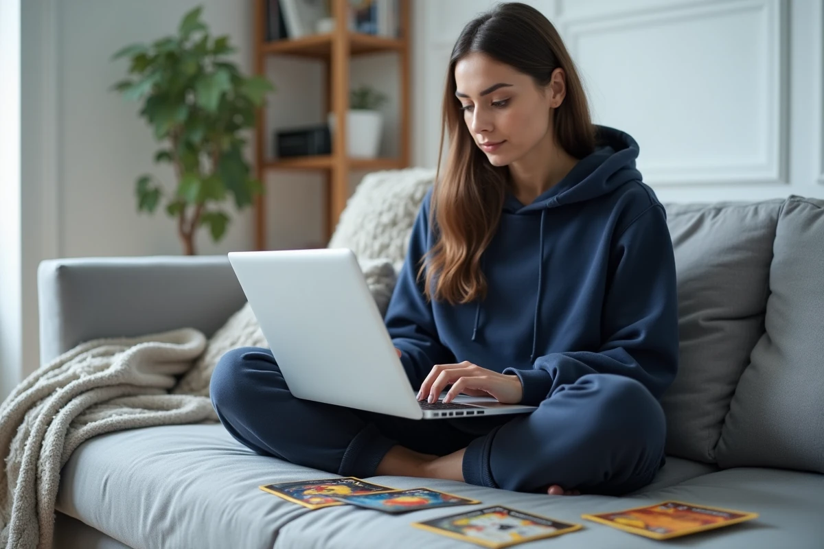 Femme consultant un site d'estimation de cartes Pokémon sur ordinateur portable avec des cartes étalées sur le canapé