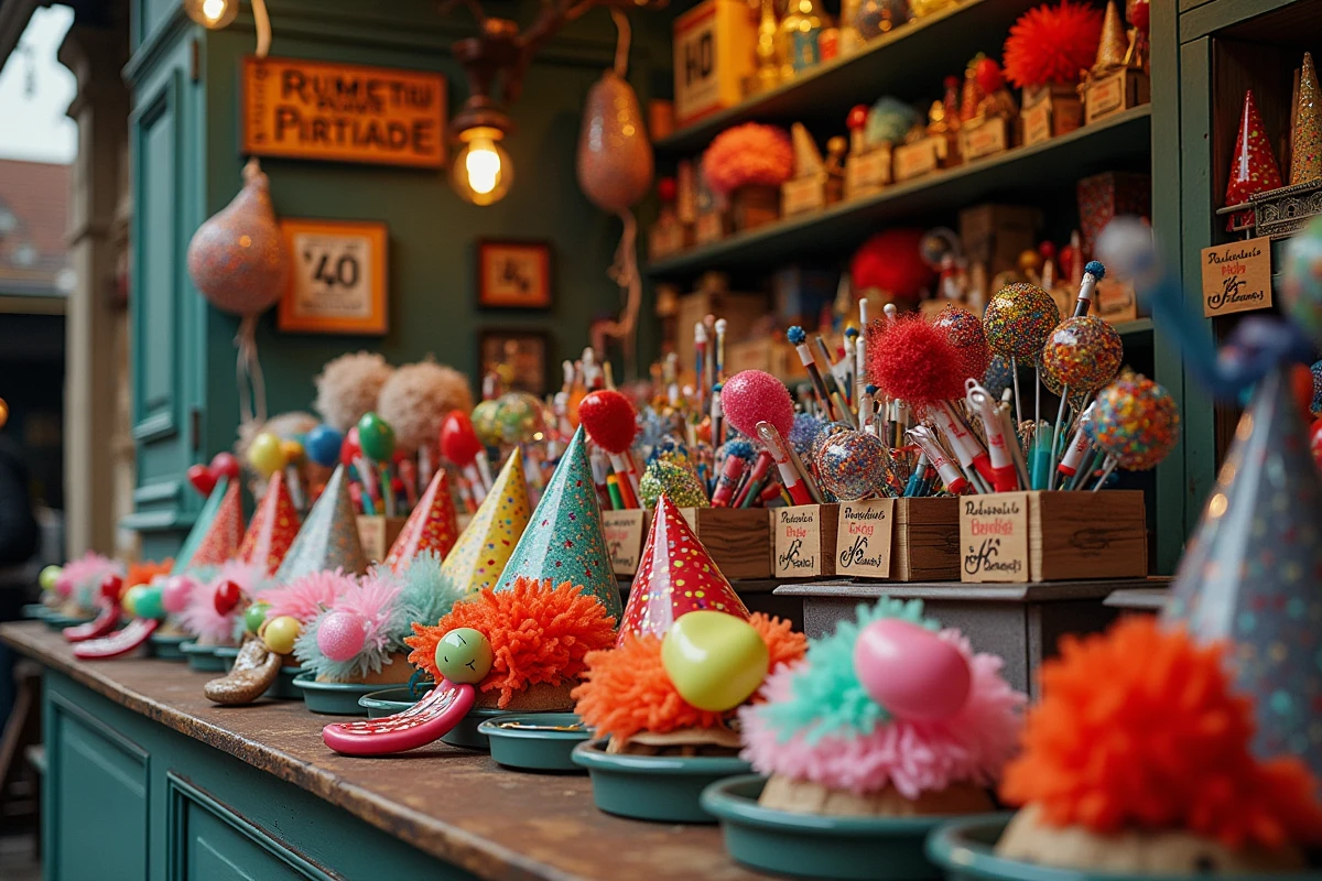 Étalage de perruques de clown, nez rouges et accessoires de fête dans une boutique parisienne traditionnelle