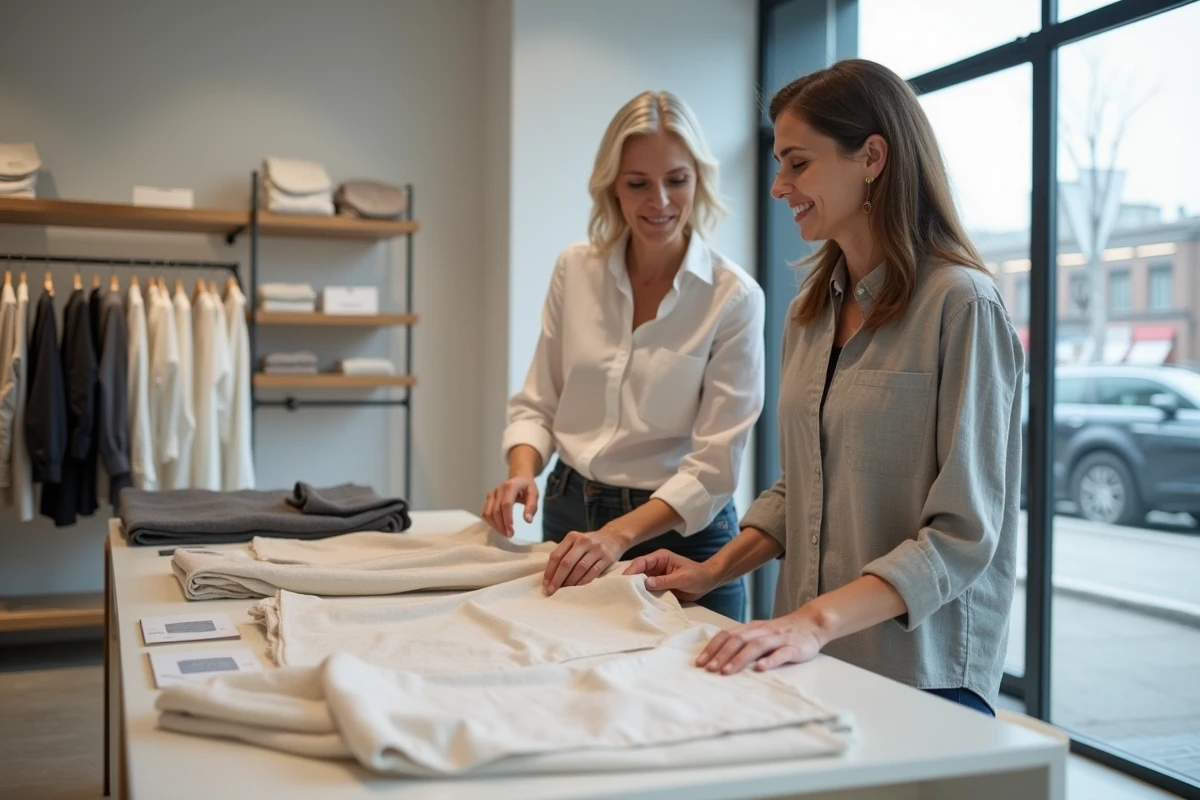 Conseillère de vente et cliente analysant l'étiquette de composition d'une chemise en lin dans un concept store minimaliste