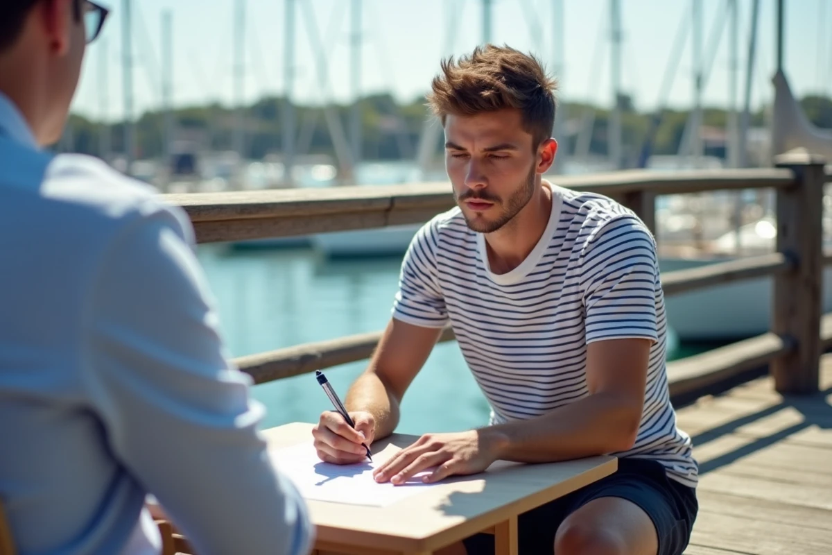 Candidat passant l'examen théorique du permis bateau dans une station d'évaluation en bord de quai