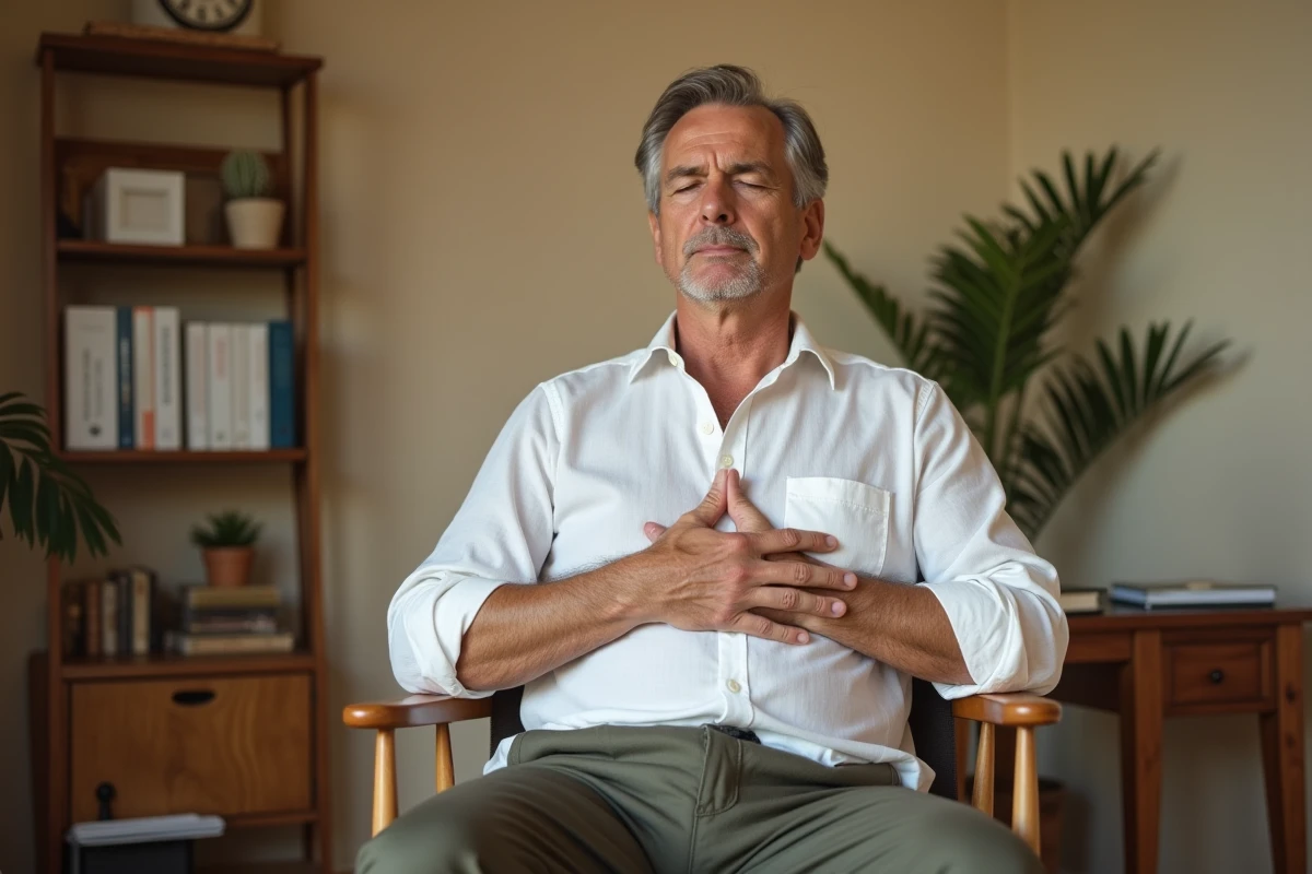 Homme pratiquant des exercices de relaxation du diaphragme assis dans un bureau à domicile