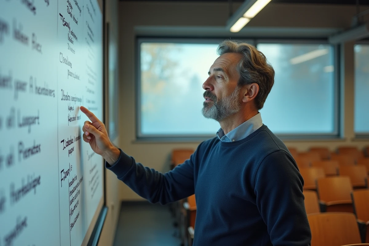 Expert en intelligence artificielle présentant des termes et appellations IA sur un tableau blanc en salle de cours