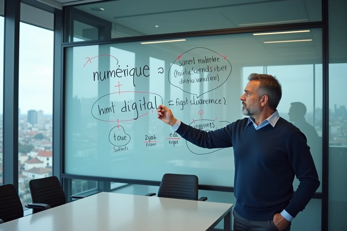 Expert en linguistique expliquant la différence entre numérique et digital sur un tableau blanc en salle de réunion